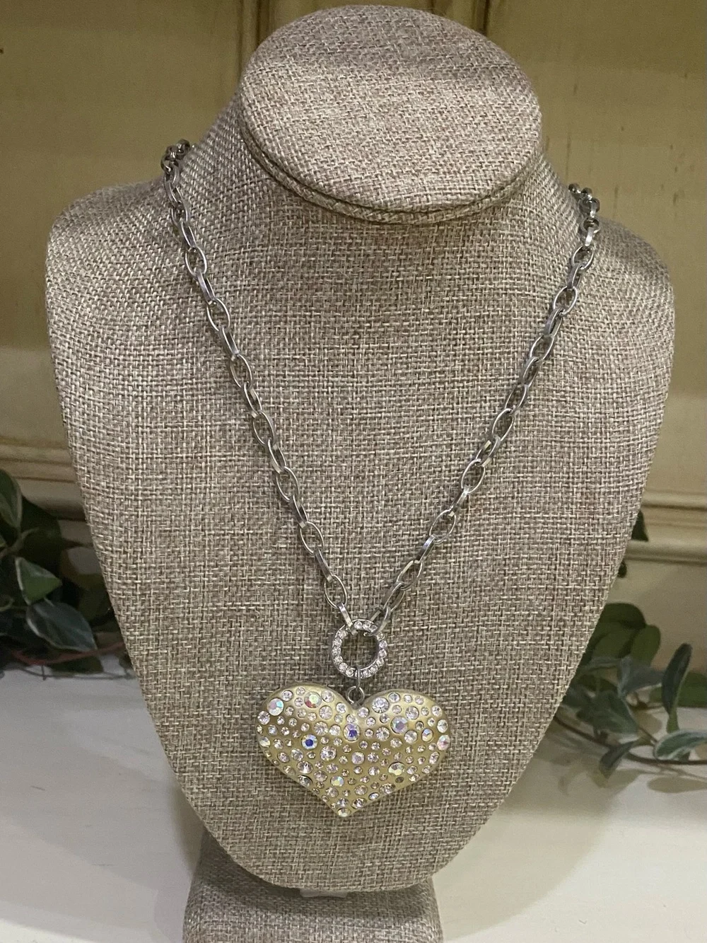 Gold Rhinestone Heart Pendant Necklace AB Crystal Statement 12-15”